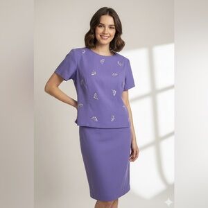 Vintage 90s Melissa Harper purple linen-blend 2 PC suit floral embroidery 10